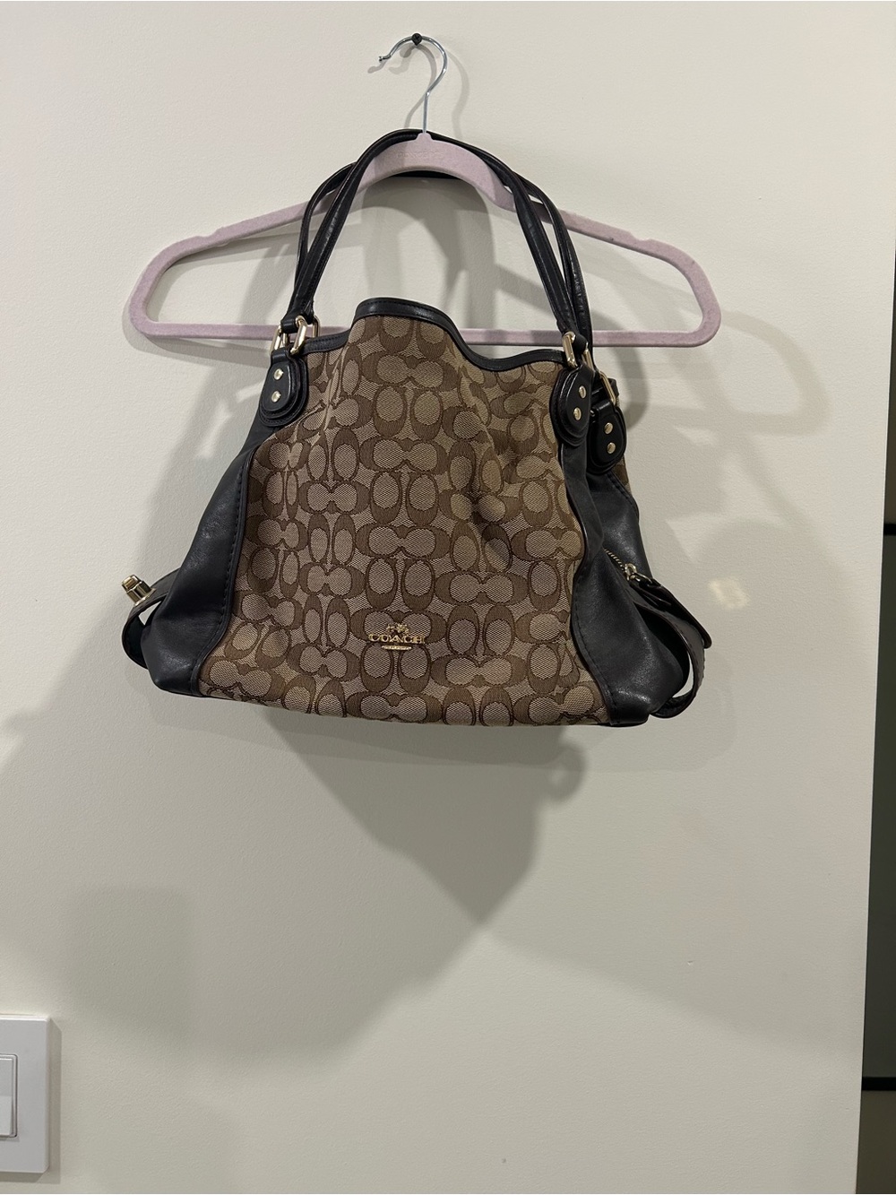 Coach Brown Signature Canvas Tote with Black Leather Trim